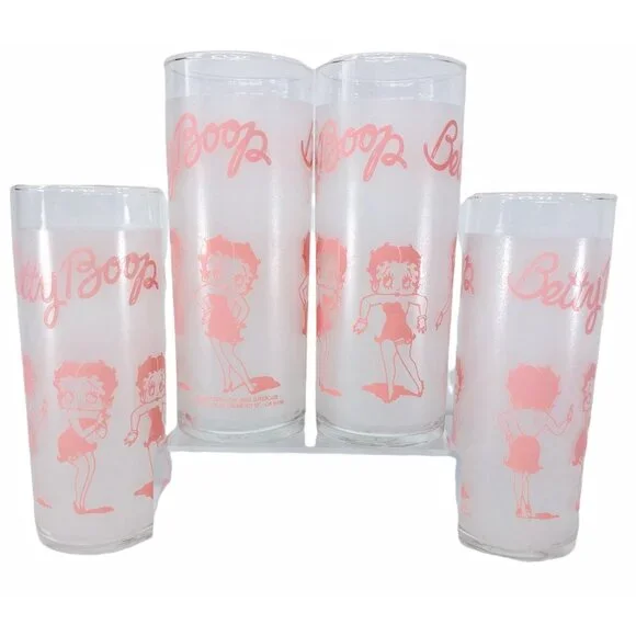 Betty Boop Pink Drinking Frosted Glasses Set Of 4 10 Oz Slim 1988 Vintage - Picture 1 of 8